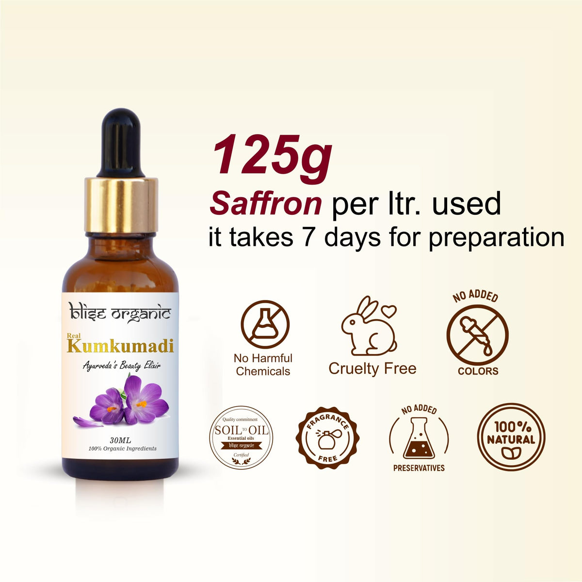 Cruelty-free promise from Blise organic Kumkumadi oil.
