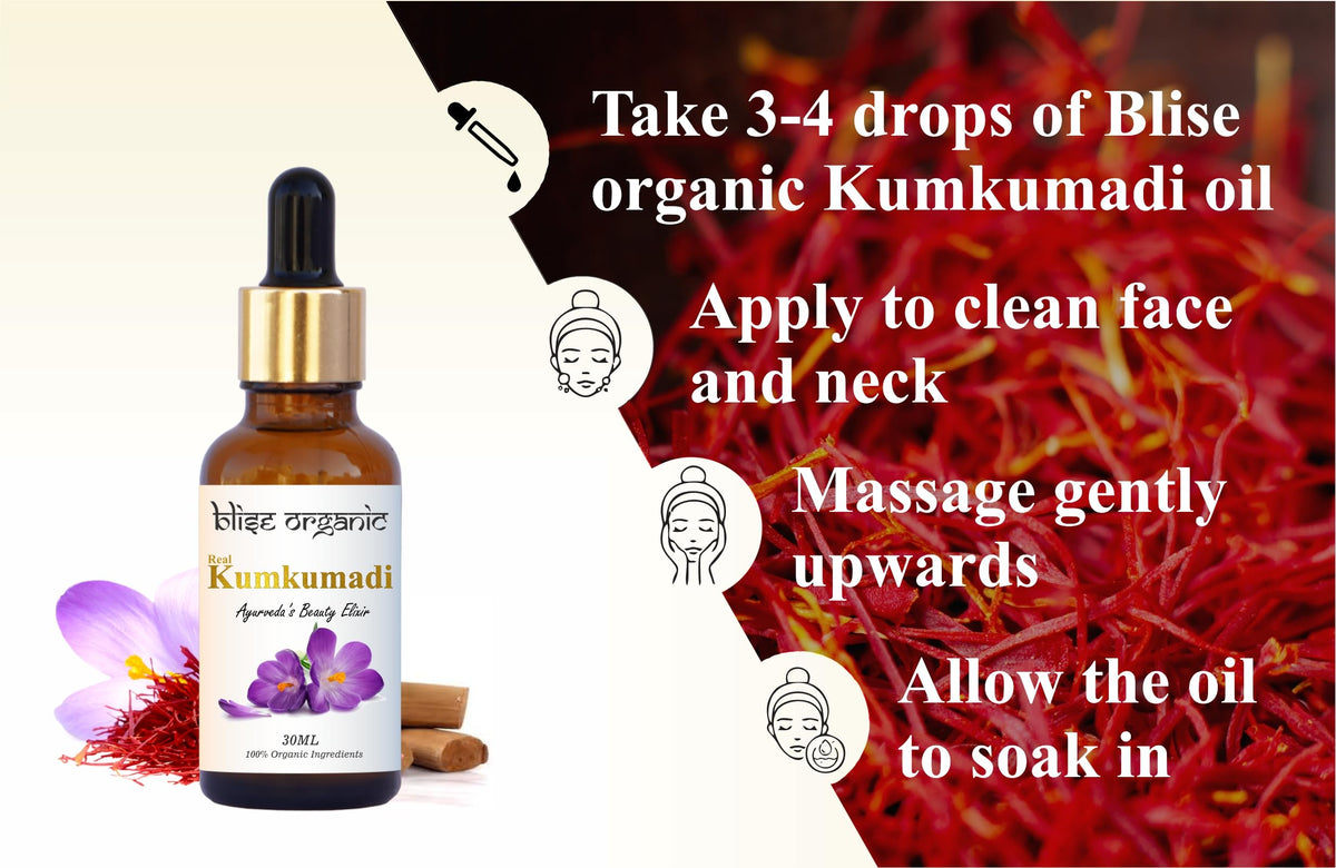 Blise Kumkumadi oil saffron-sandalwood blend image—sensory aroma and skin nourishment.