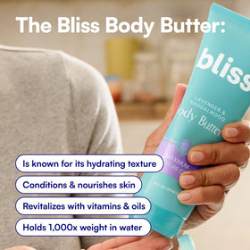 Label view highlighting vegan and cruelty-free formula of Bliss body butter