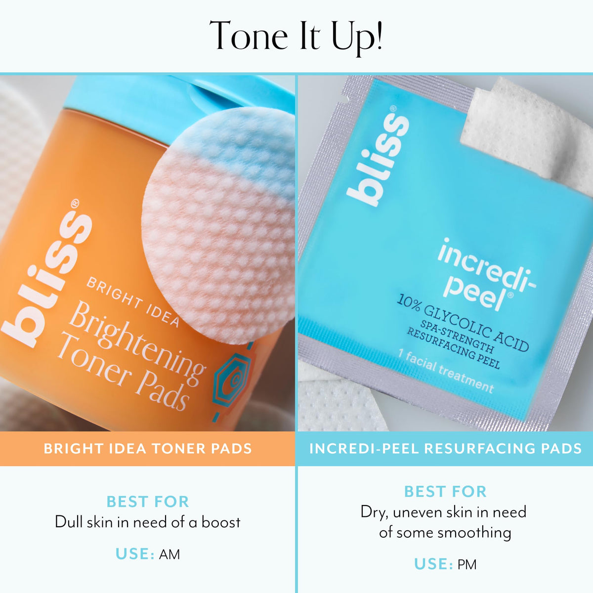 Bliss Bright Idea Toner Pads demonstrating brightening action on discoloration