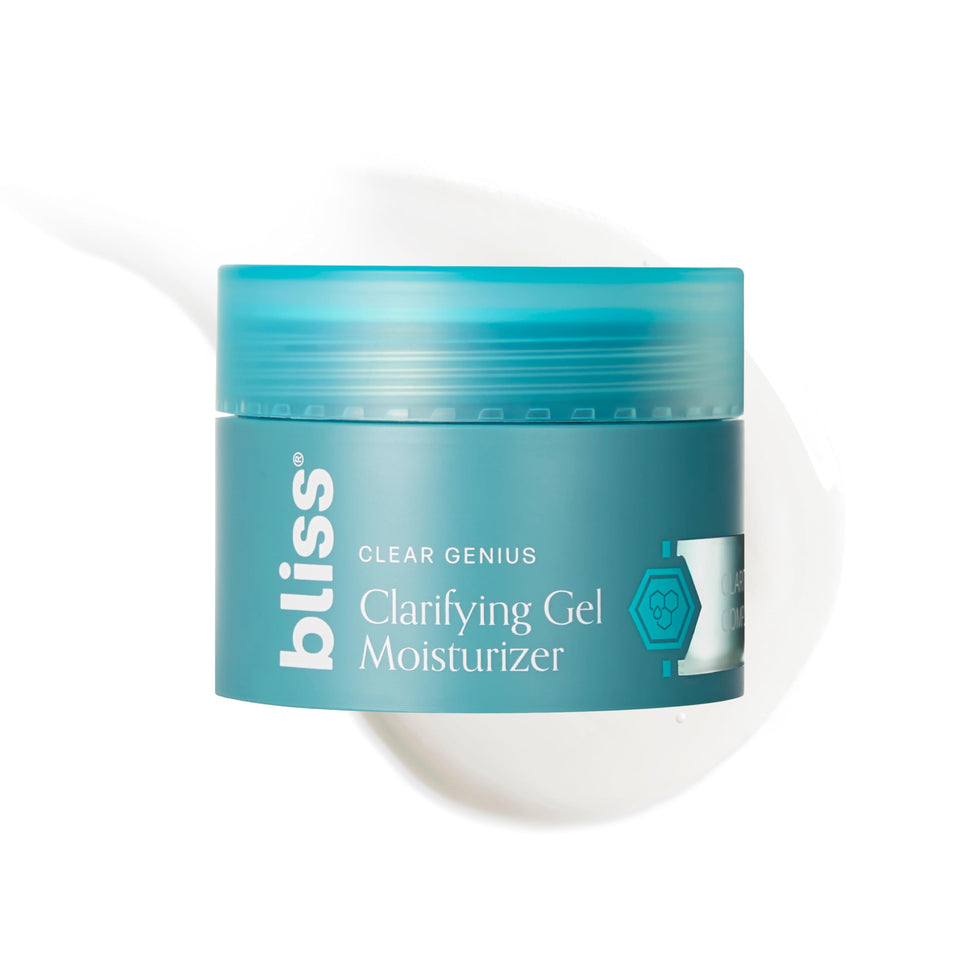 The Bliss Clear Genius bottle front shows sleek packaging for lightweight hydration