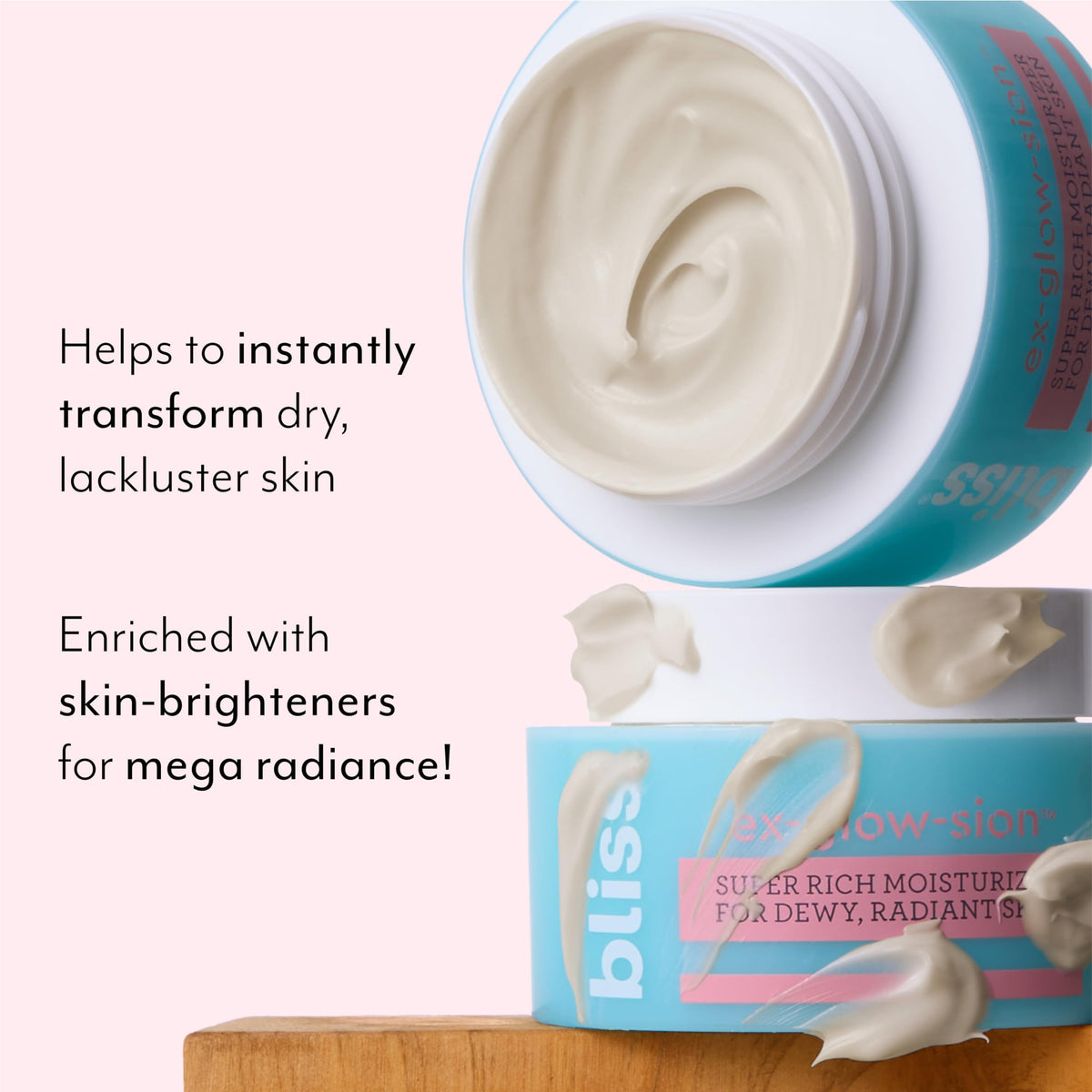 Bliss Ex-glow-sion cream texture demonstrates quick absorption for radiant look.