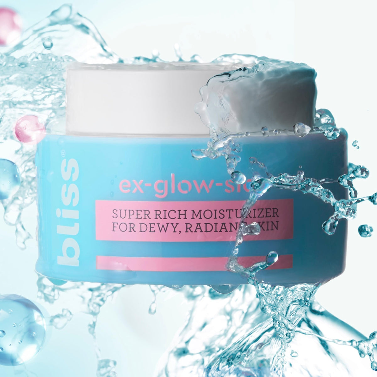 Bliss Ex-glow-sion packaging on shelf reflects premium care.
