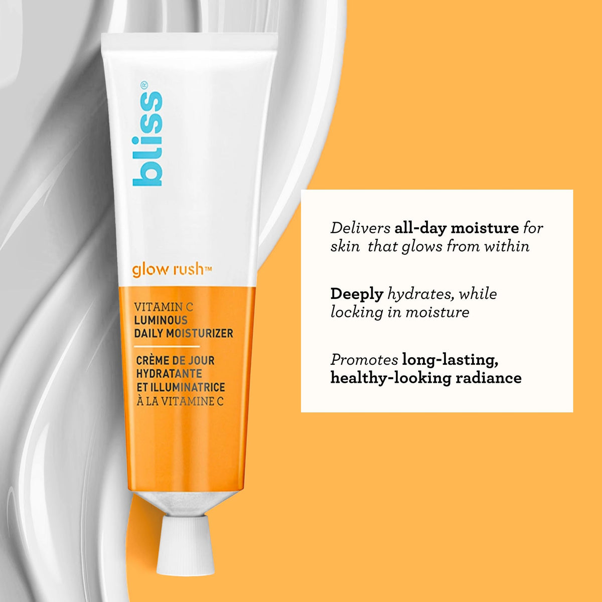 Bliss Glow Rush cream swirl demonstrates a soft, moisturized finish after application.
