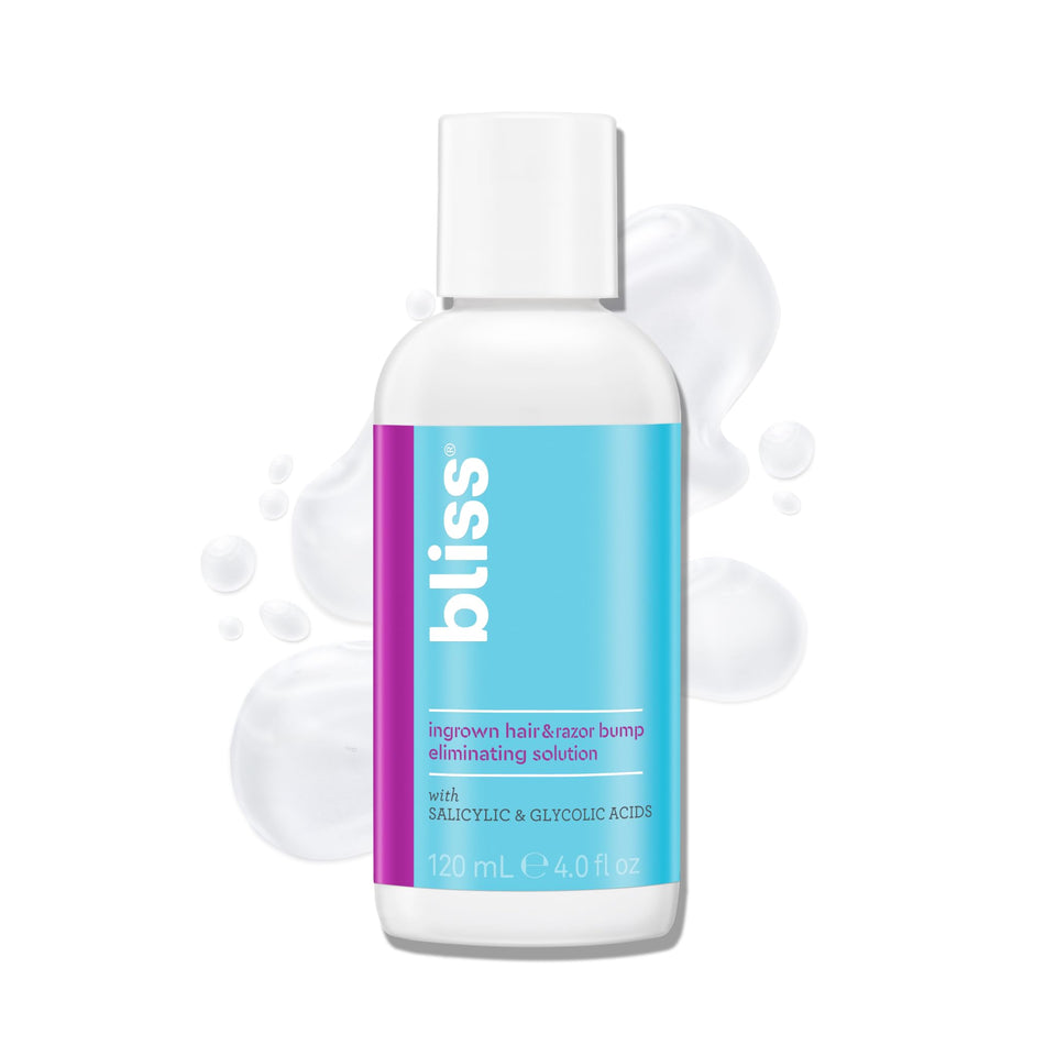 Bliss ingrown-hair-eliminator bottle demonstrates daily toner use for smoother skin.