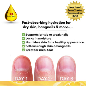 Bliss Kiss Simply Pure cuticle oil application showing precise dropper for smooth hydration.