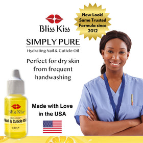 Bliss Kiss Simply Pure nail growth oil close-up on brittle nails with conditioning shine.