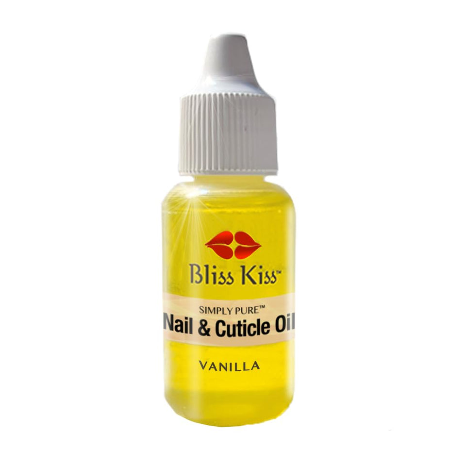Bliss Kiss Vanilla Fragrance Nail Oil Dropper Bottle nourishes nails with vitamin E and jojoba