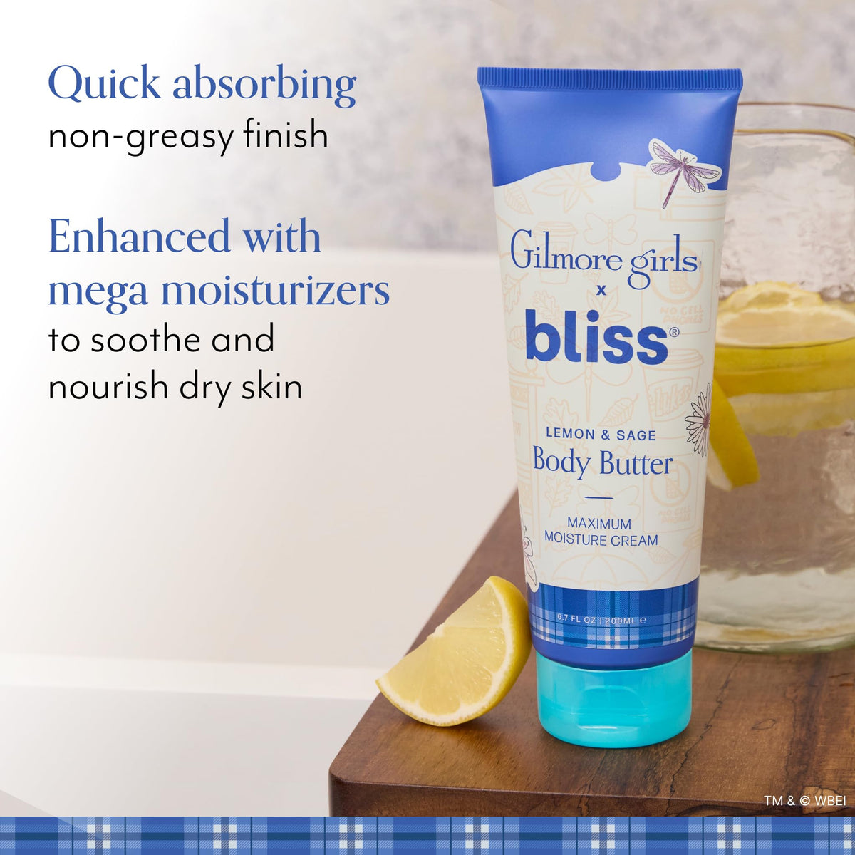 Close-up of Bliss Lemon & Sage Body Butter jar showing creamy texture for smooth, nourished skin