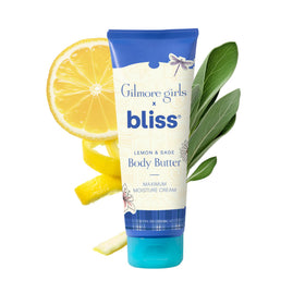 Bliss Gilmore Girls Lemon & Sage Body Butter packaging with vibrant label and hydration promise
