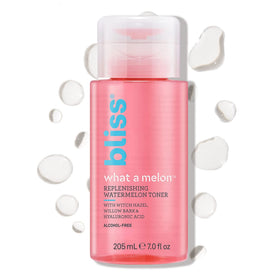 Bliss What a Melon Toner bottle pump delivers refreshing hydration for morning routines.