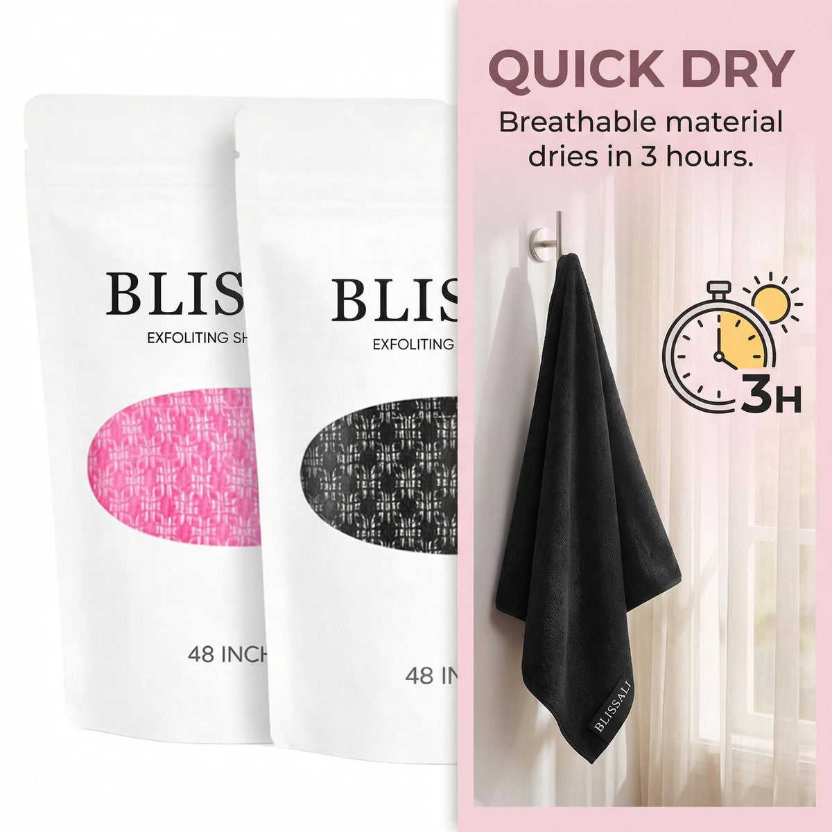 Generic Blissal exfoliating towel highlights 3D hexagonal weave for thorough cleansing.