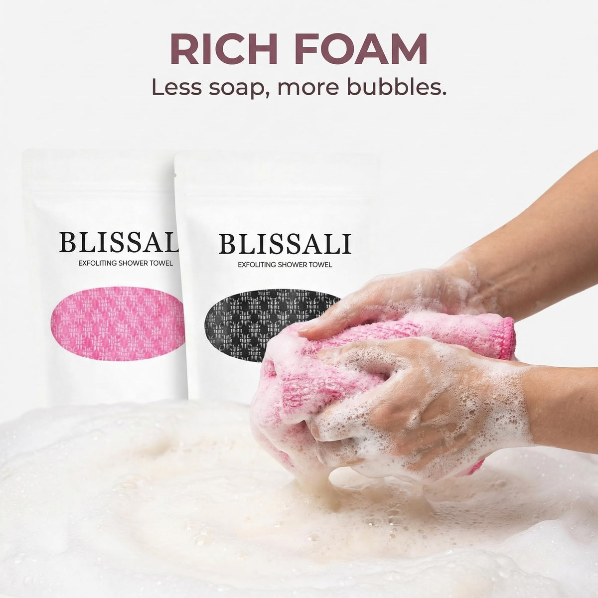 Generic Blissal exfoliating towel extended 48-inch length for back and spine reach.