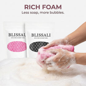 Generic Blissal exfoliating towel extended 48-inch length for back and spine reach.