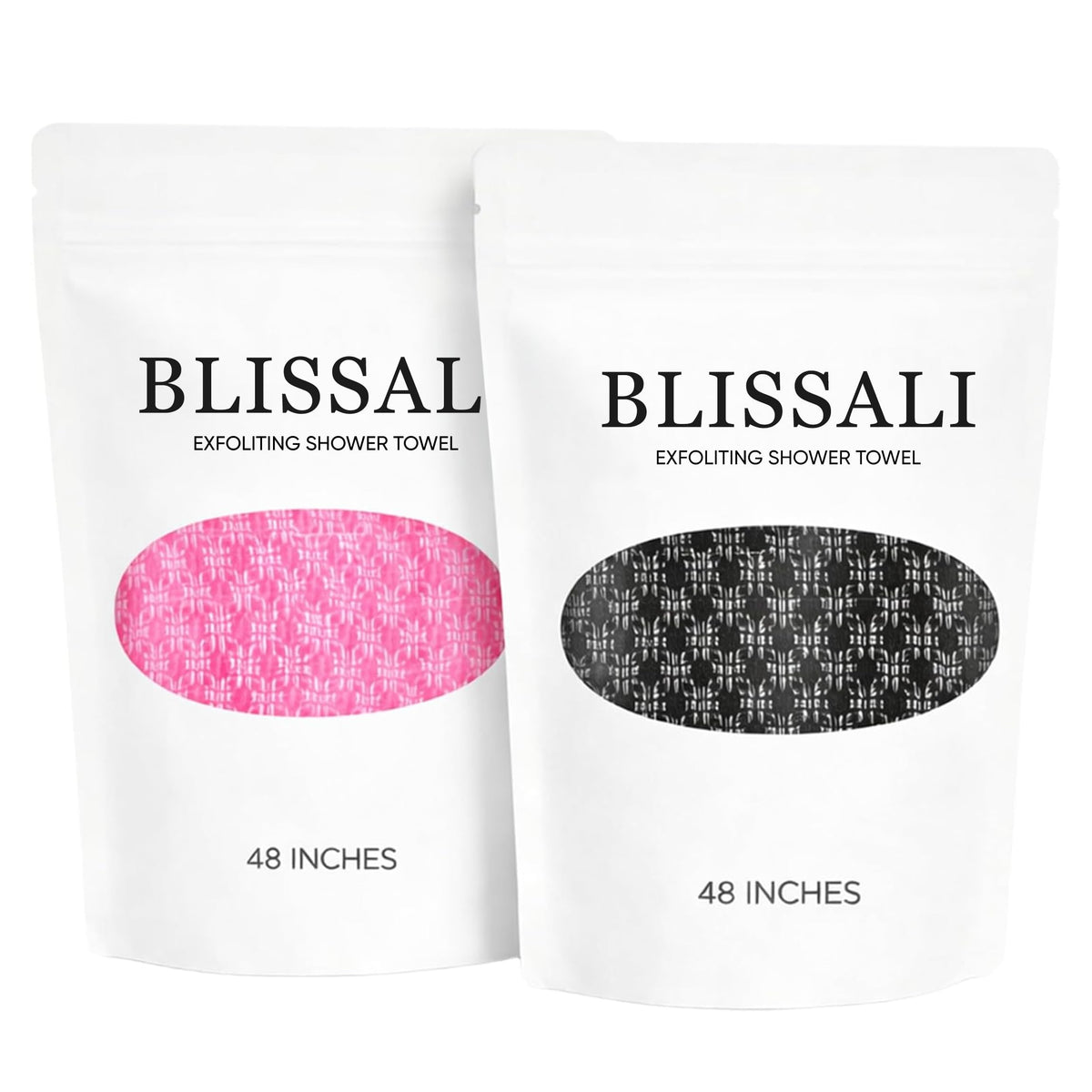 Generic Blissal exfoliating towel demonstrates ultra-long design for easy back reach during cleansing.