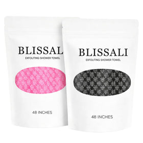 Generic Blissal exfoliating towel demonstrates ultra-long design for easy back reach during cleansing.