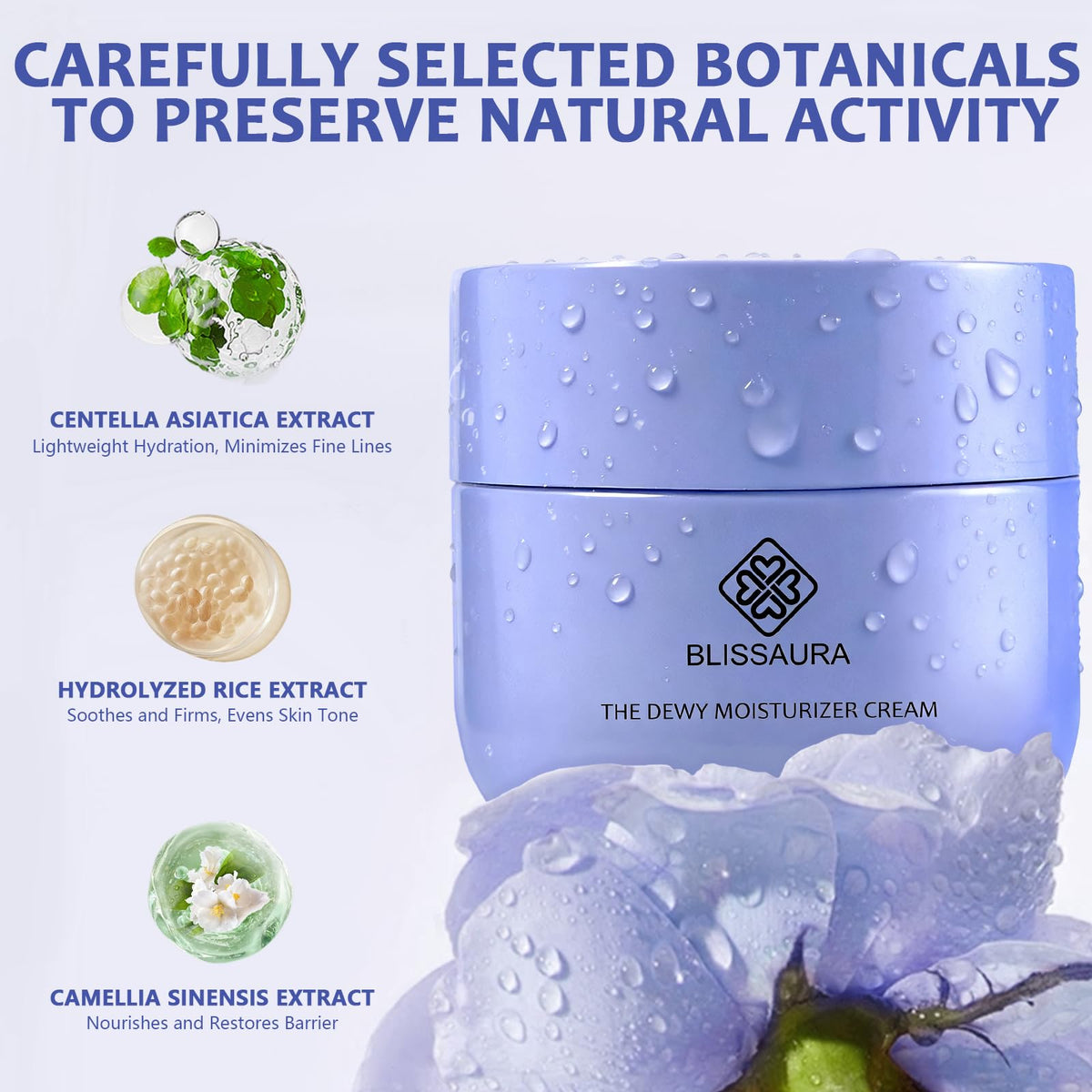 BlissAura Dewy Skin Cream texture close-up reveals silky, fast-absorbing formula.