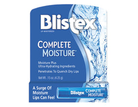 Blistex Complete Moisture lip balm stick being applied for deep hydration.