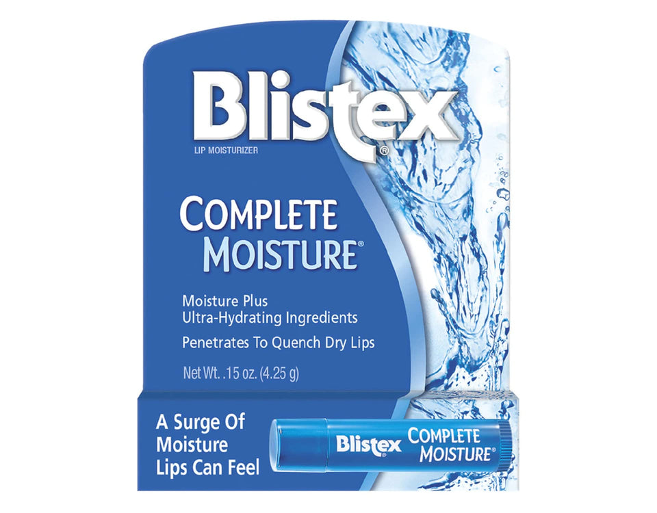 Blistex Complete Moisture lip balm stick being applied for deep hydration.