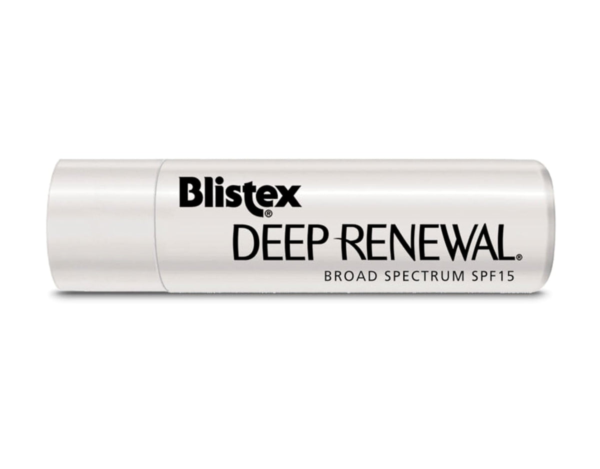 Close-up of Blistex Deep Renewal Lip Balm reveals smooth texture and SPF 15 protection