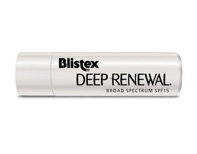 Close-up of Blistex Deep Renewal Lip Balm reveals smooth texture and SPF 15 protection