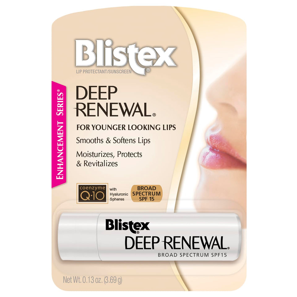 Blistex Deep Renewal lip balm pack of six with daily SPF 15 protection.