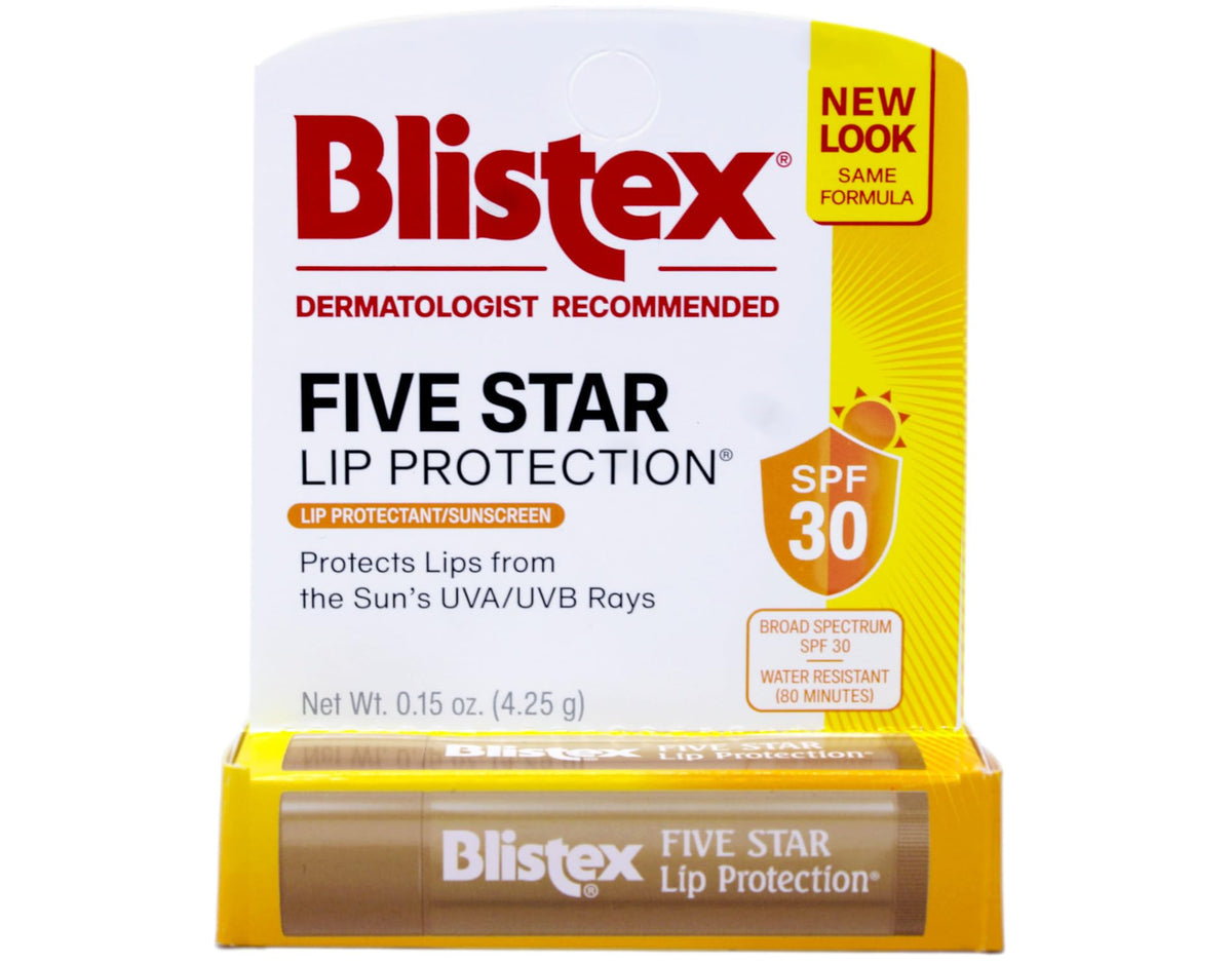 Blistex Five Star Lip Protection SPF 30 label highlights sun protection on tube