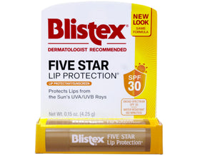 Blistex Five Star Lip Protection SPF 30 label highlights sun protection on tube