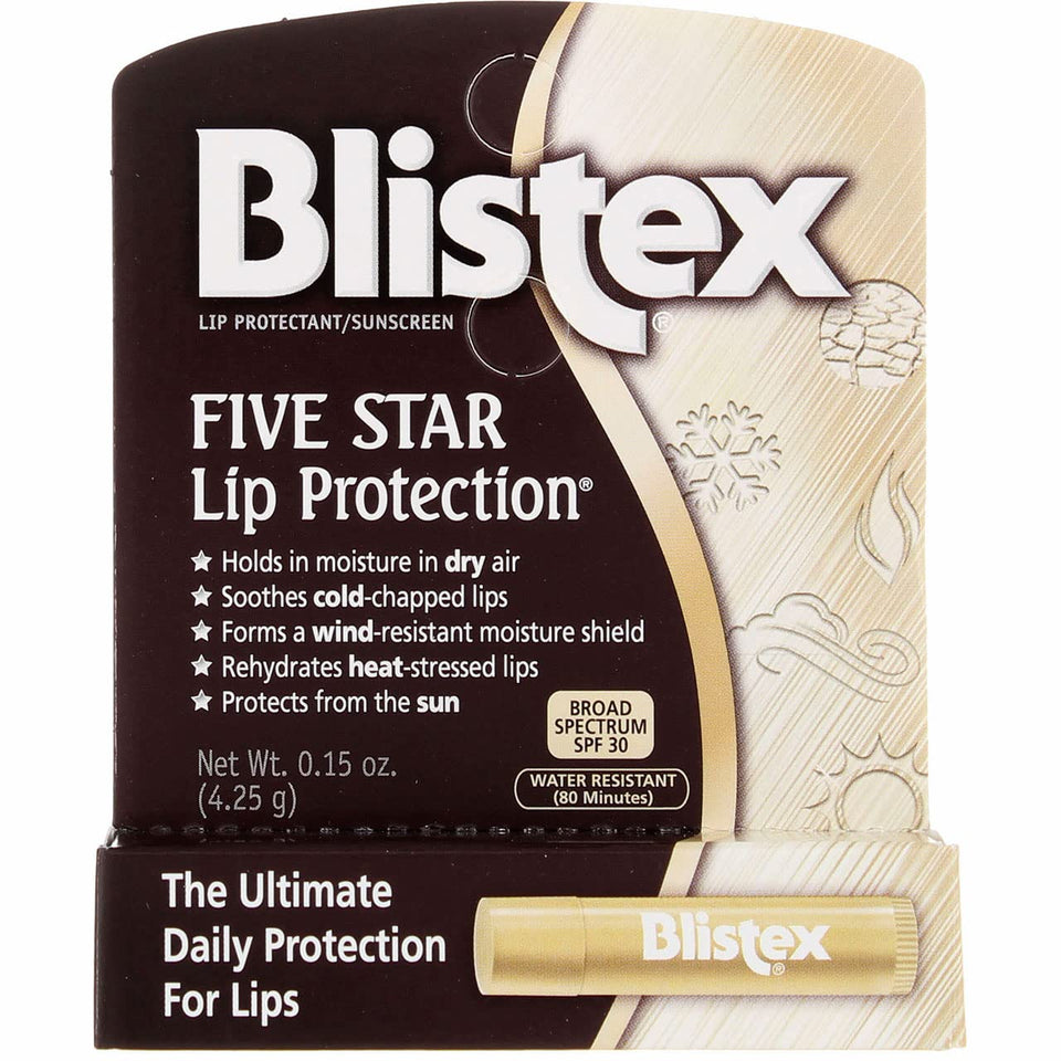 Blistex Five Star SPF 30 lip balm in a compact twist-up tube for sun protection