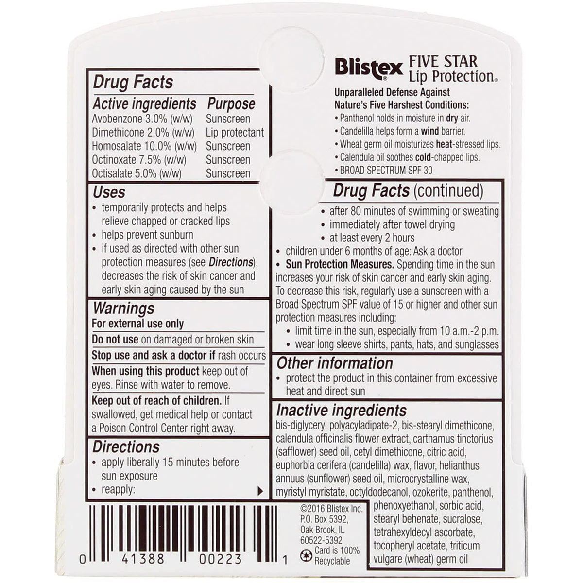 Close-up of the Blistex Five Star SPF 30 twist-up lip balm tube