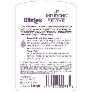 Close-up of Blistex Lip Infusions Revive ingredients for moisturizing care.