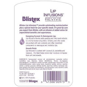 Close-up of Blistex Lip Infusions Revive ingredients for moisturizing care.