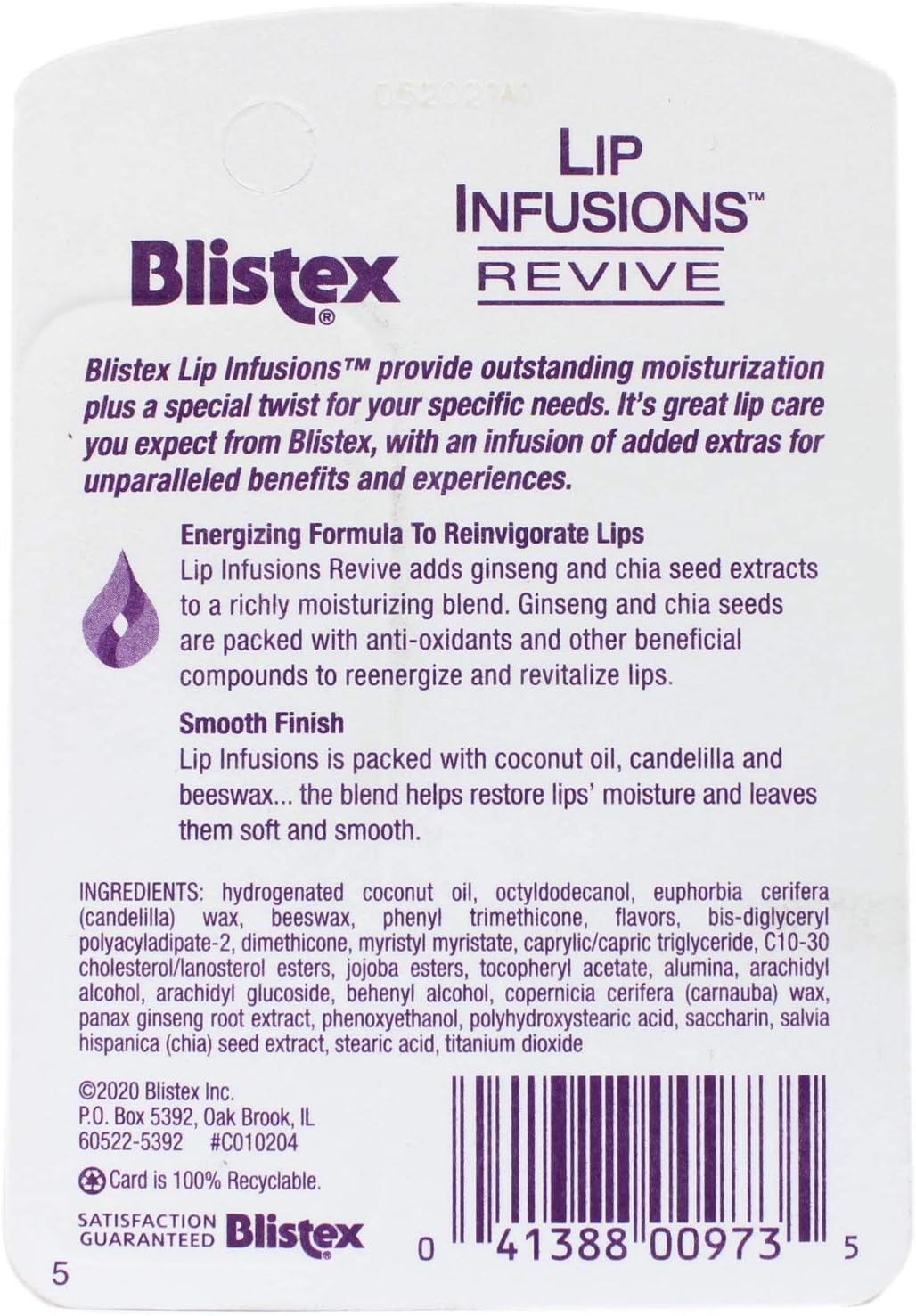 Blistex Lip Infusions Revive tube side view highlights compact design for travel.