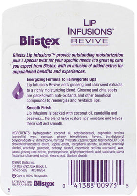 Blistex Lip Infusions Revive tube side view highlights compact design for travel.
