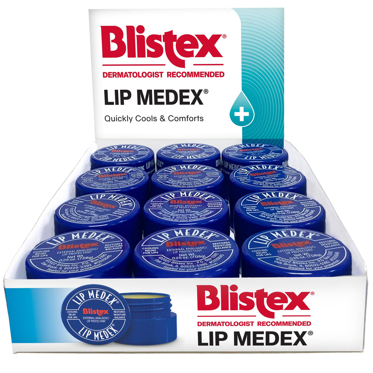 Blistex Lip Medex hydration boost delivering emollients to lips.