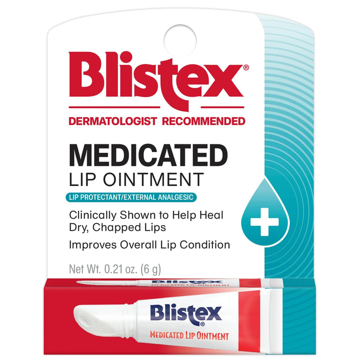 Blistex medicated lip ointment pack tube front view for quick lip relief