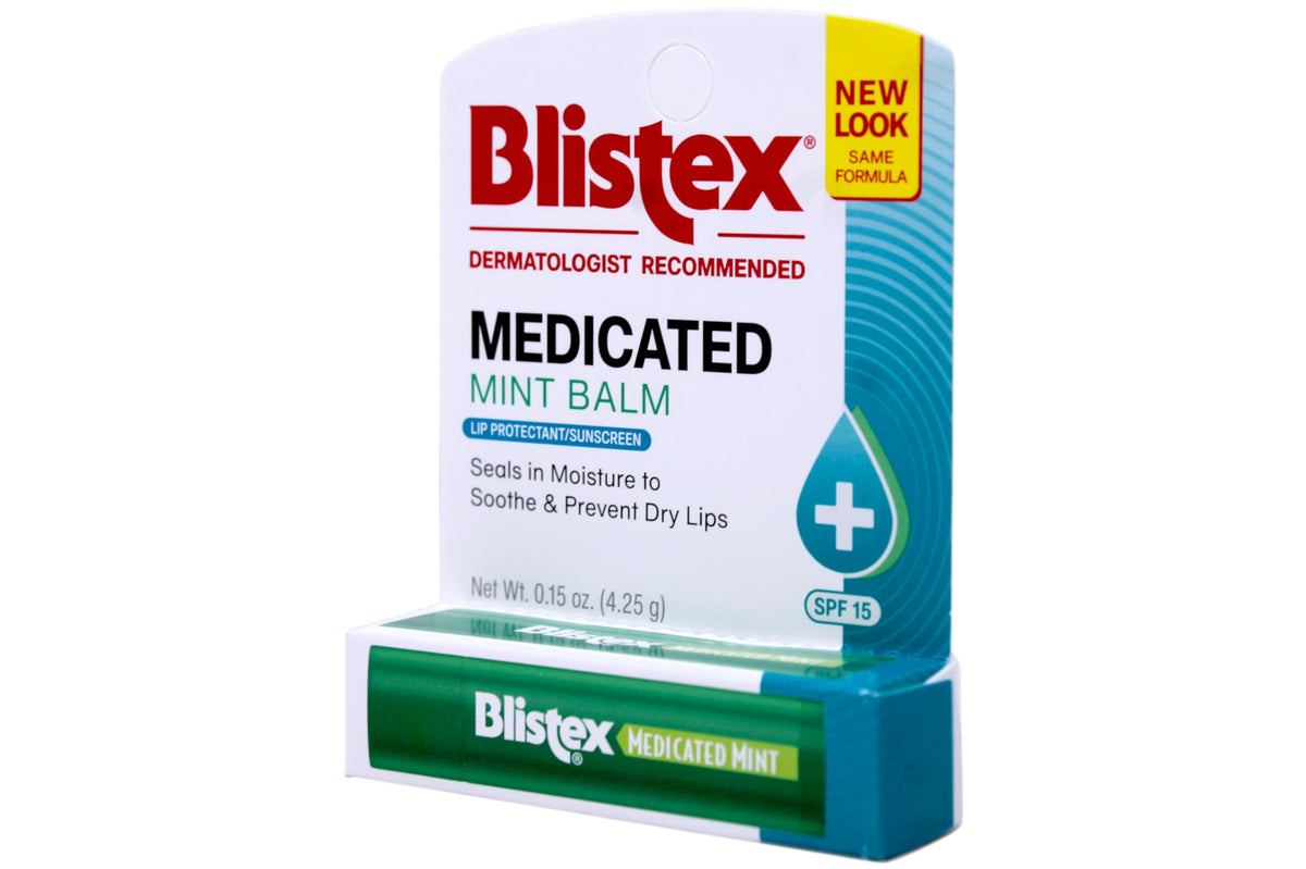Blistex Medicated Mint Lip Balm SPF 15 label highlights sun protection alongside moisturizing care