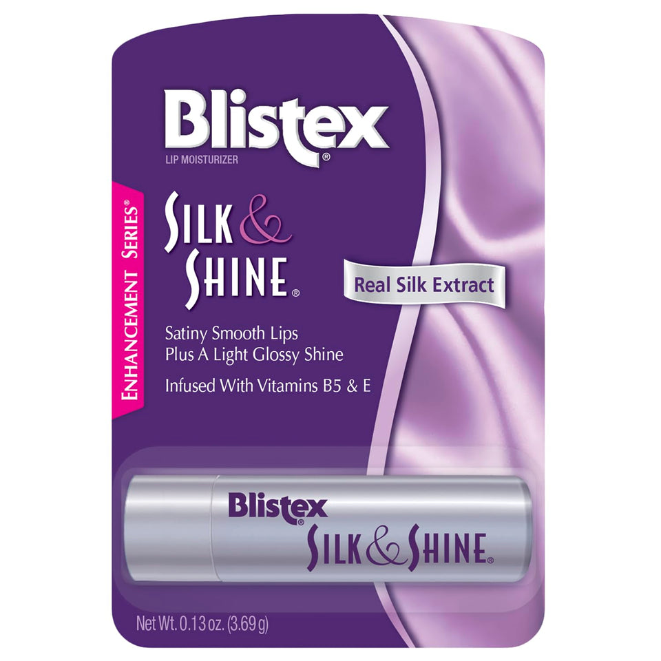 Blistex Silk & Shine lip balm pack of 12 sticks for everyday moisture and a light gleam.