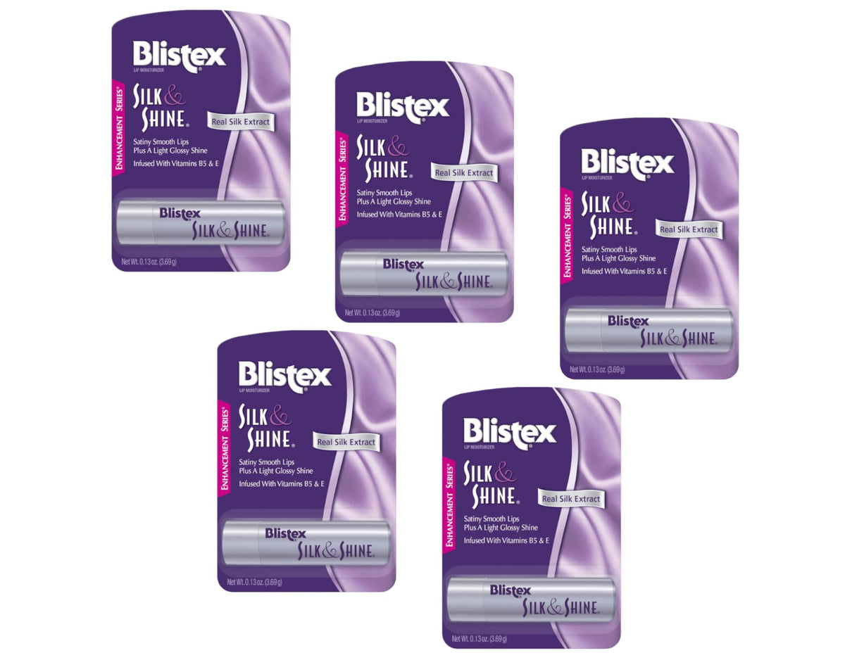 Blistex Silk & Shine lip moisturizer tubes showing satin-soft lips and light gloss