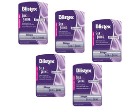 Blistex Silk & Shine lip moisturizer tubes showing satin-soft lips and light gloss