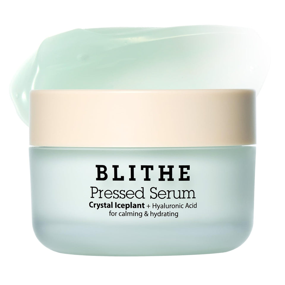 Blithe Pressed Serum Crystal Iceplant bottle shows lightweight hydration for daily use.