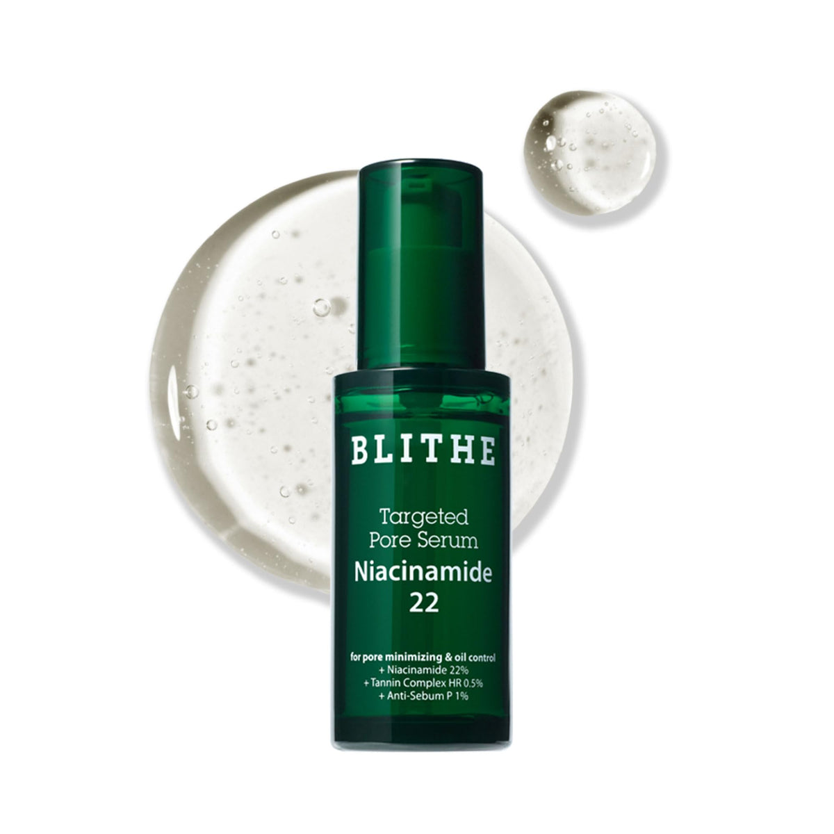BLITHE Targeted Pore Serum bottle showing 22% niacinamide for smoother pores.
