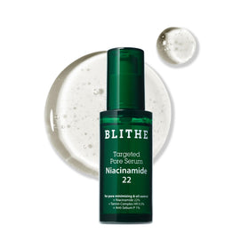BLITHE Targeted Pore Serum bottle showing 22% niacinamide for smoother pores.