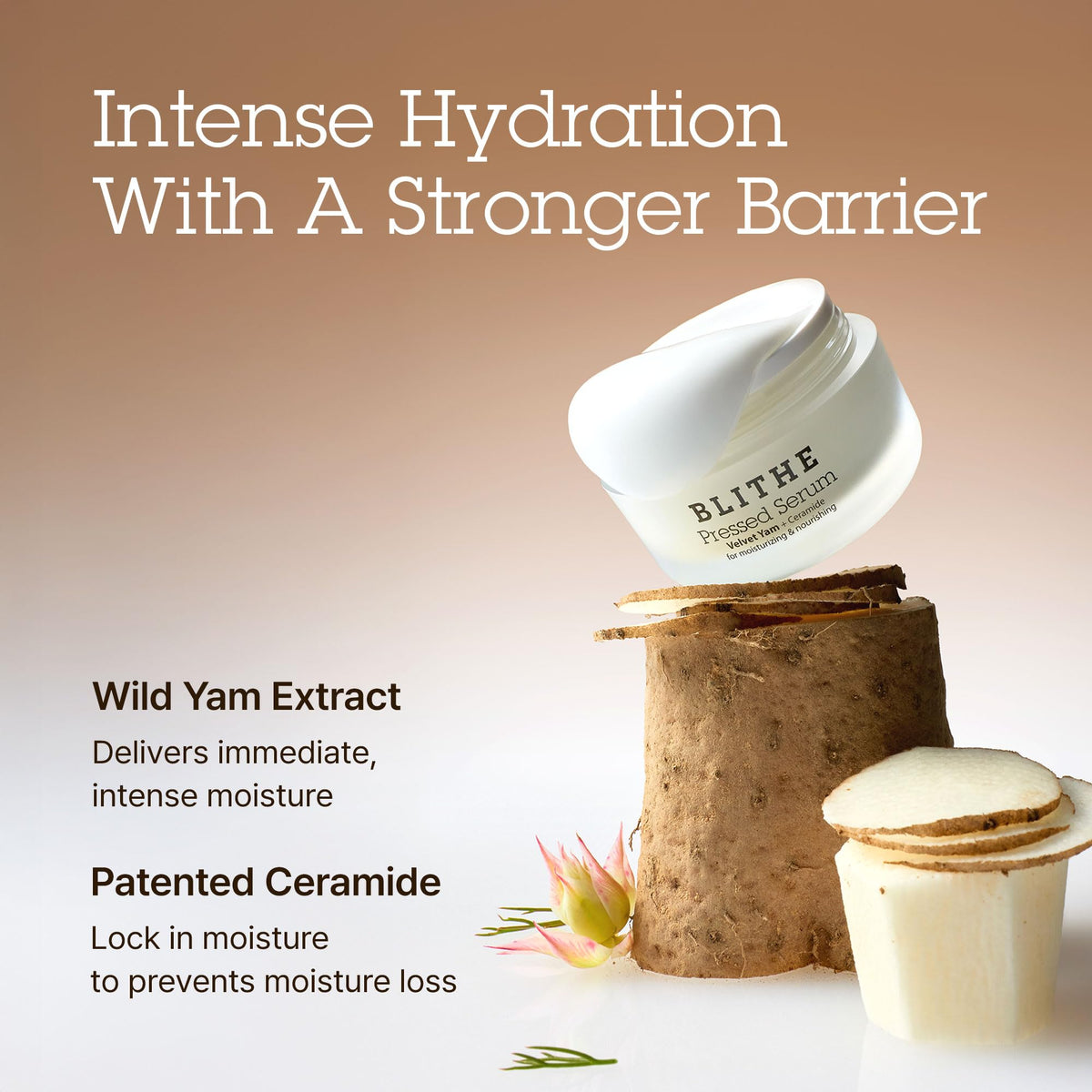 BLITHE wild yam mucin ingredient graphic highlights rich moisturization.
