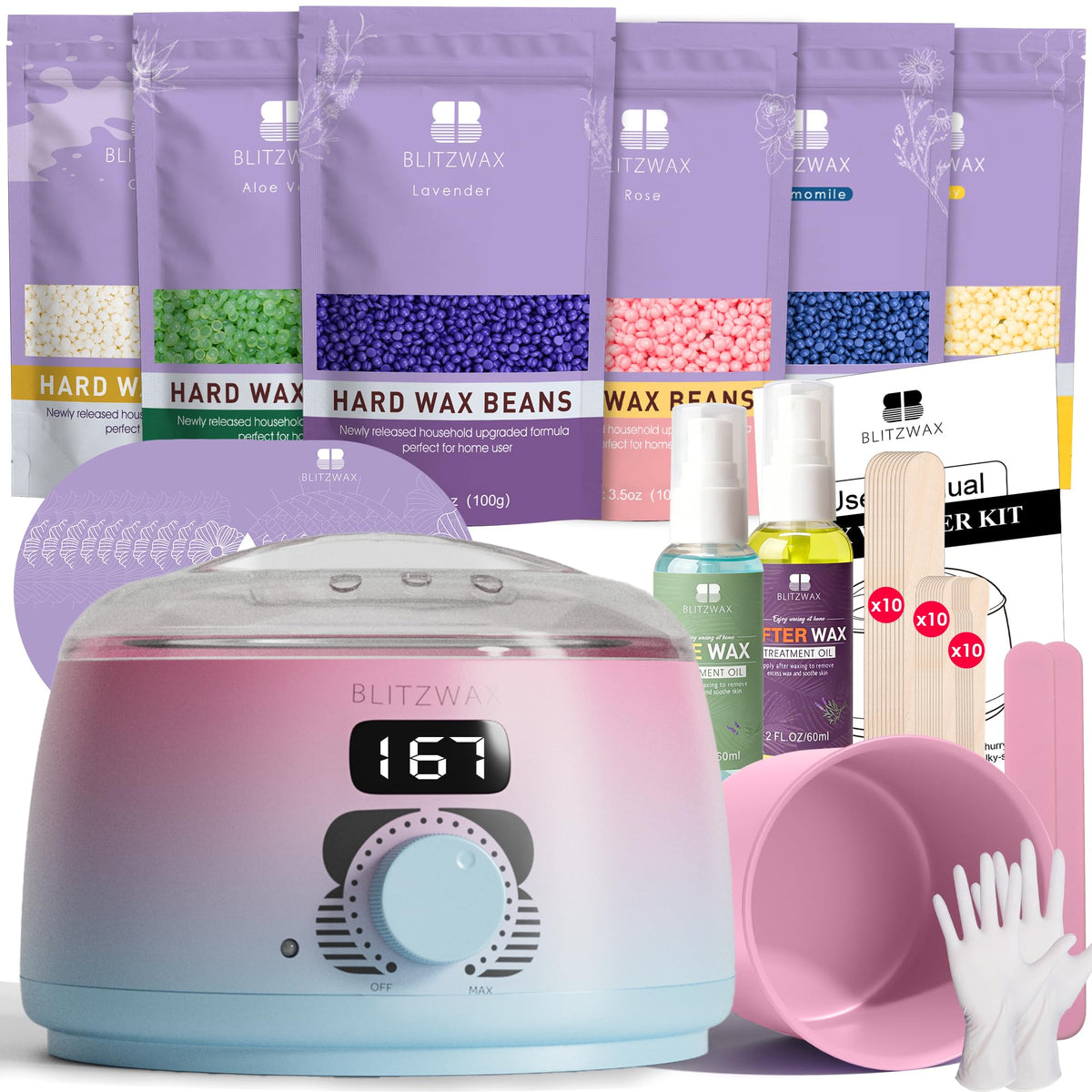 BLITZWAX Brazilian bikini wax kit, pink-blue, for precise at-home waxing and smooth skin.
