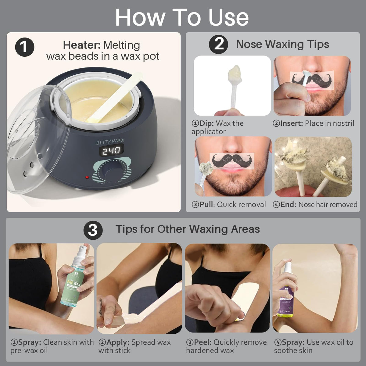 BLITZWAX post-wax oil and silicone bowl simplify cleanup and skin soothing.