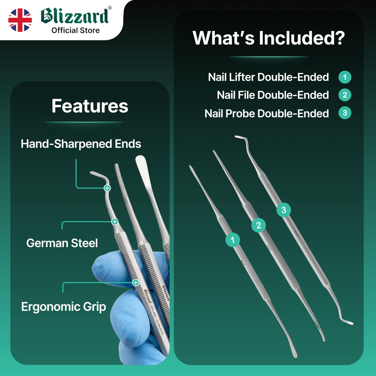 Blizzard stainless steel construction signifies durability for repeated sterilization and long-lasting care.