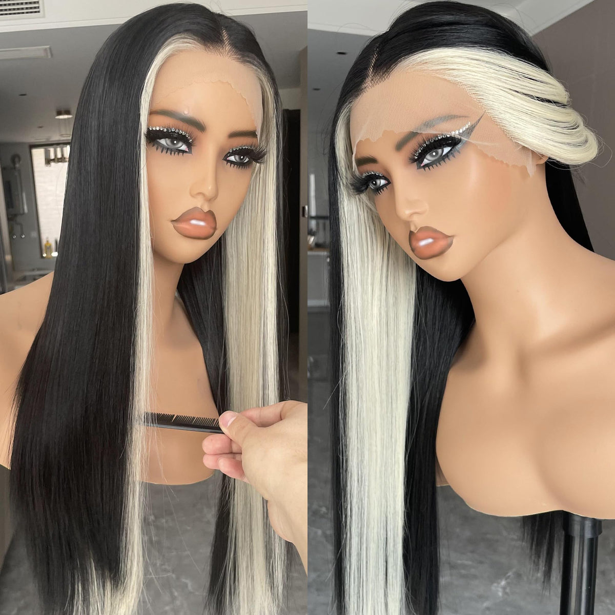 BLL Lace Front Wig skunk stripe front view with natural hairline for daily wear
