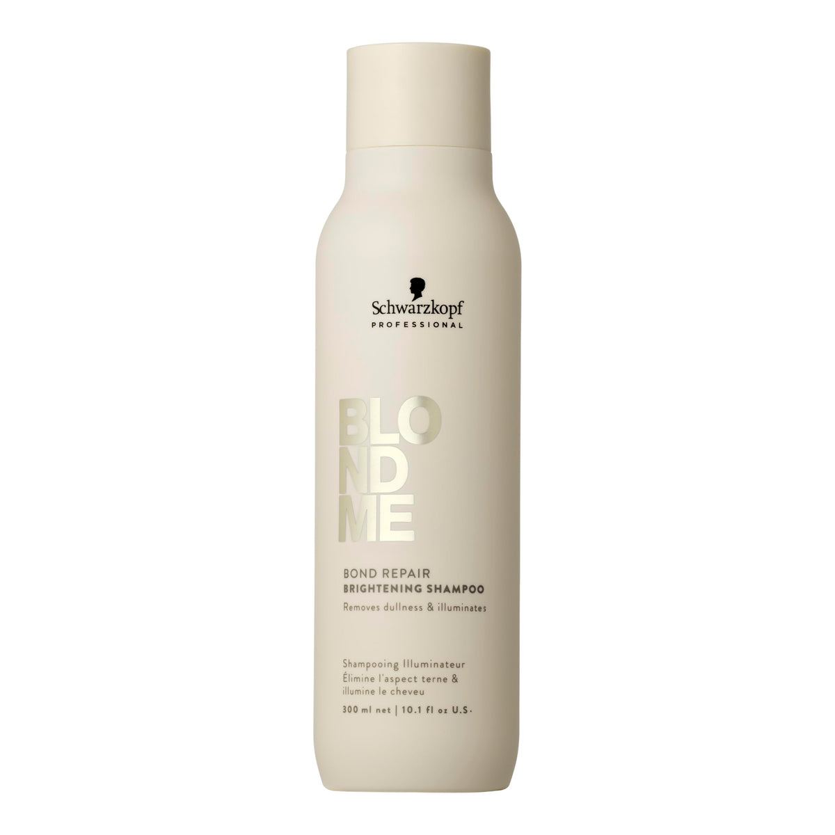 BlondMe bond repair brightening shampoo bottle shows stronger blonde tone and radiant shine.