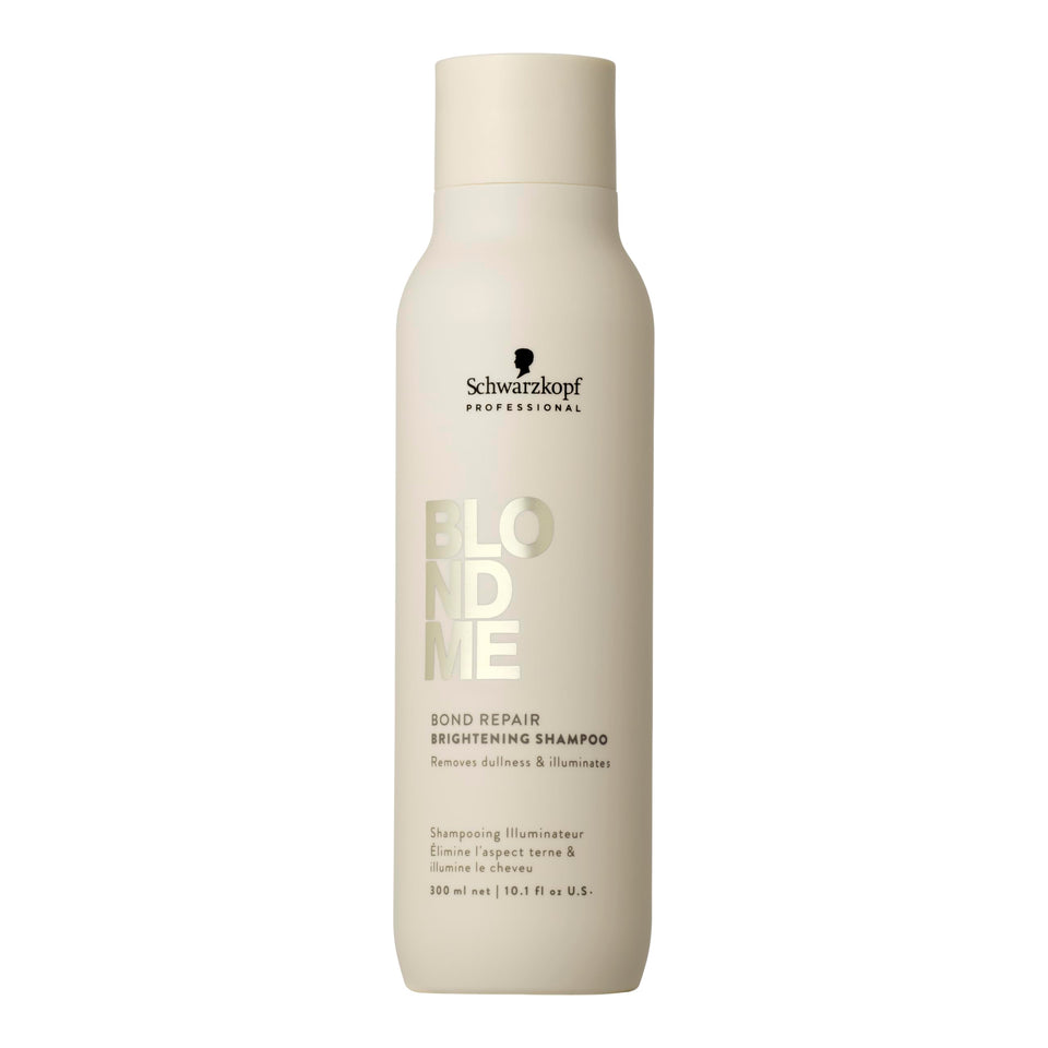 BlondMe bond repair brightening shampoo bottle shows stronger blonde tone and radiant shine.
